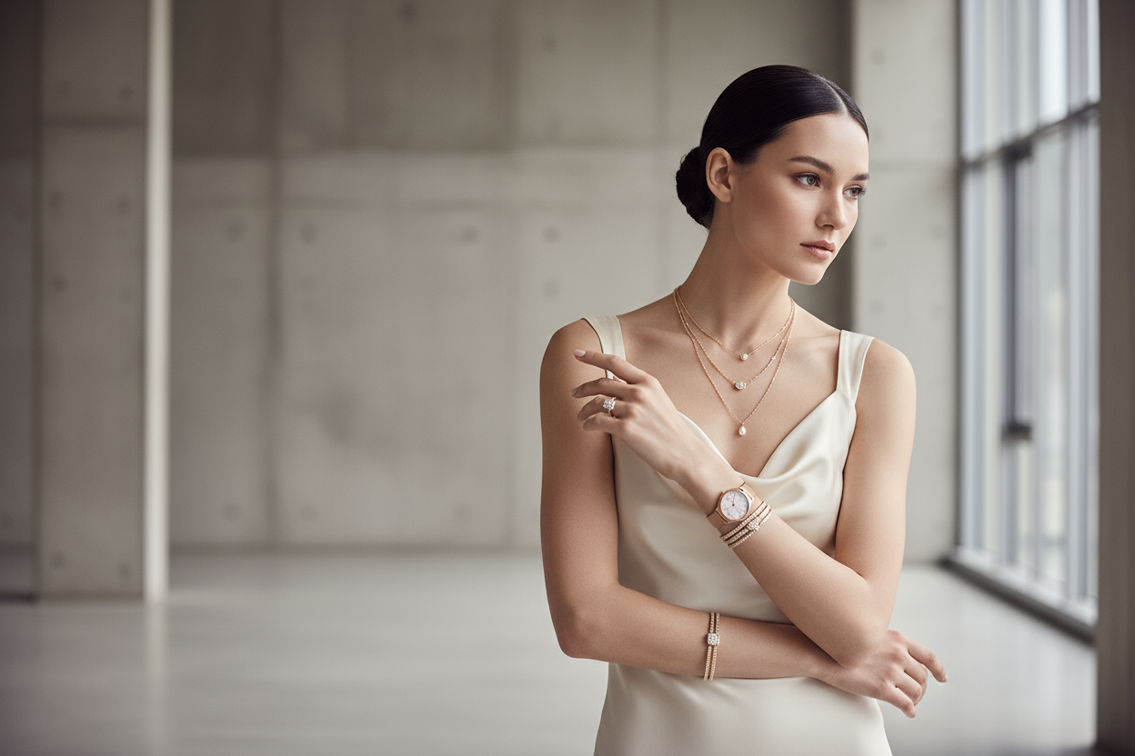 a model wearing a jwelery like braclates and watch and neclace and showing it in a style , remember you genrating a hero banner for store 