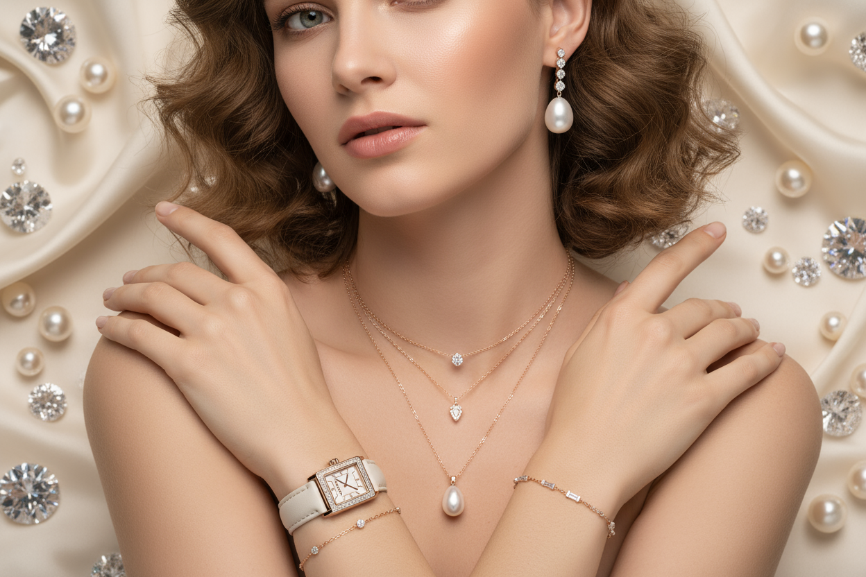 A stylish female model wearing modern, delicate jewelry — pendant, watch, bracelet, and earrings. Minimal yet elegant with diamonds and pearls. Soft cream background with scattered pearls and diamonds for a luxurious, modern look. Warm lighting, high-end boutique vibe, perfect for a store banner.